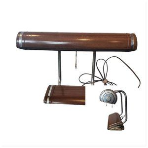 Vintage MCM Retro 60s 70s‎ Metal Faux Wood Chrome Bank Desk Lamp Brown Pull Cord